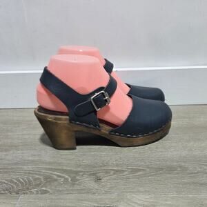 Lotta's Navy Blue Leather Wooden Platform Heeled Sandals Size 37 US 6.5